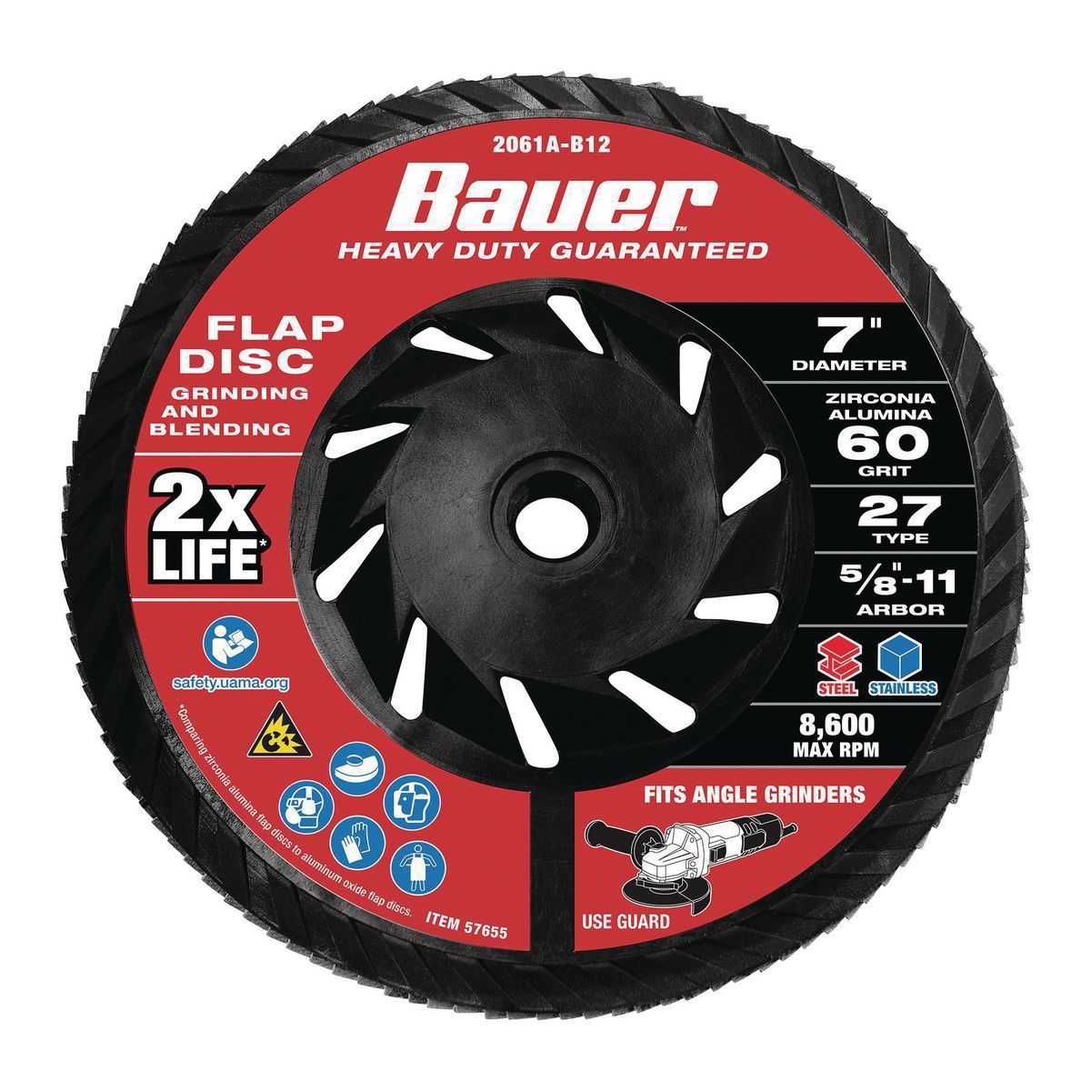 BAUER 7 in. x 5/8 in.-11 60-Grit Type 27 Flap Disc with Plastic Backing and Zirconia Grain