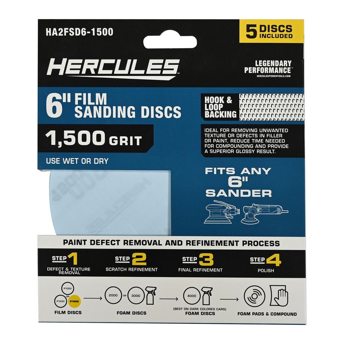 HERCULES 6 in., 1500 Grit Hook-and-Loop Film Sanding Disc, 5-Pack
