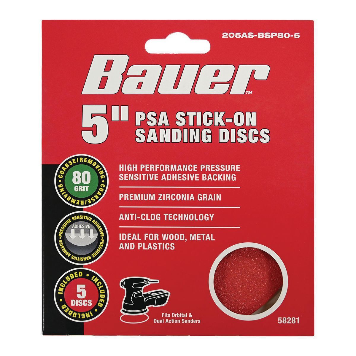 BAUER 5 in., 80 Grit PSA Sanding Discs with Zirconia Alumina Grain, 5 Pack