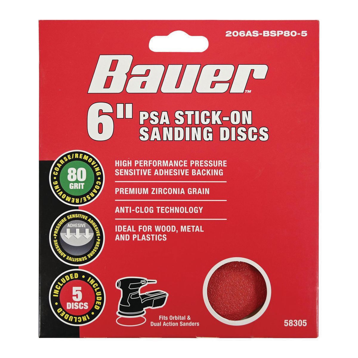 BAUER 6 in., 80 Grit PSA Sanding Discs with Zirconia Alumina Grain, 5 Pack