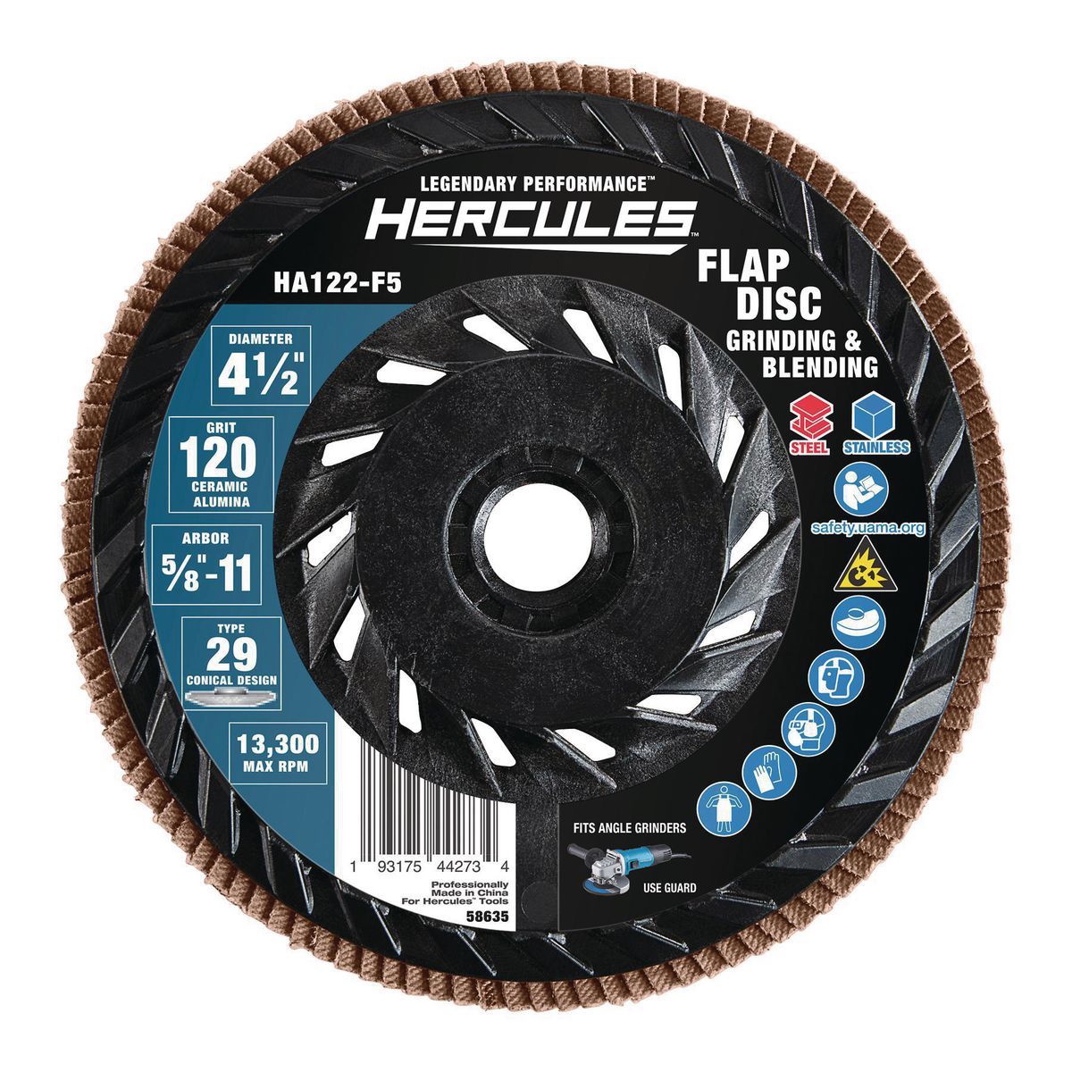 HERCULES 4-1/2 in.  x 5/8 in.-11 120-Grit Type 29 Flap Disc with Plastic Backing and Ceramic Grain