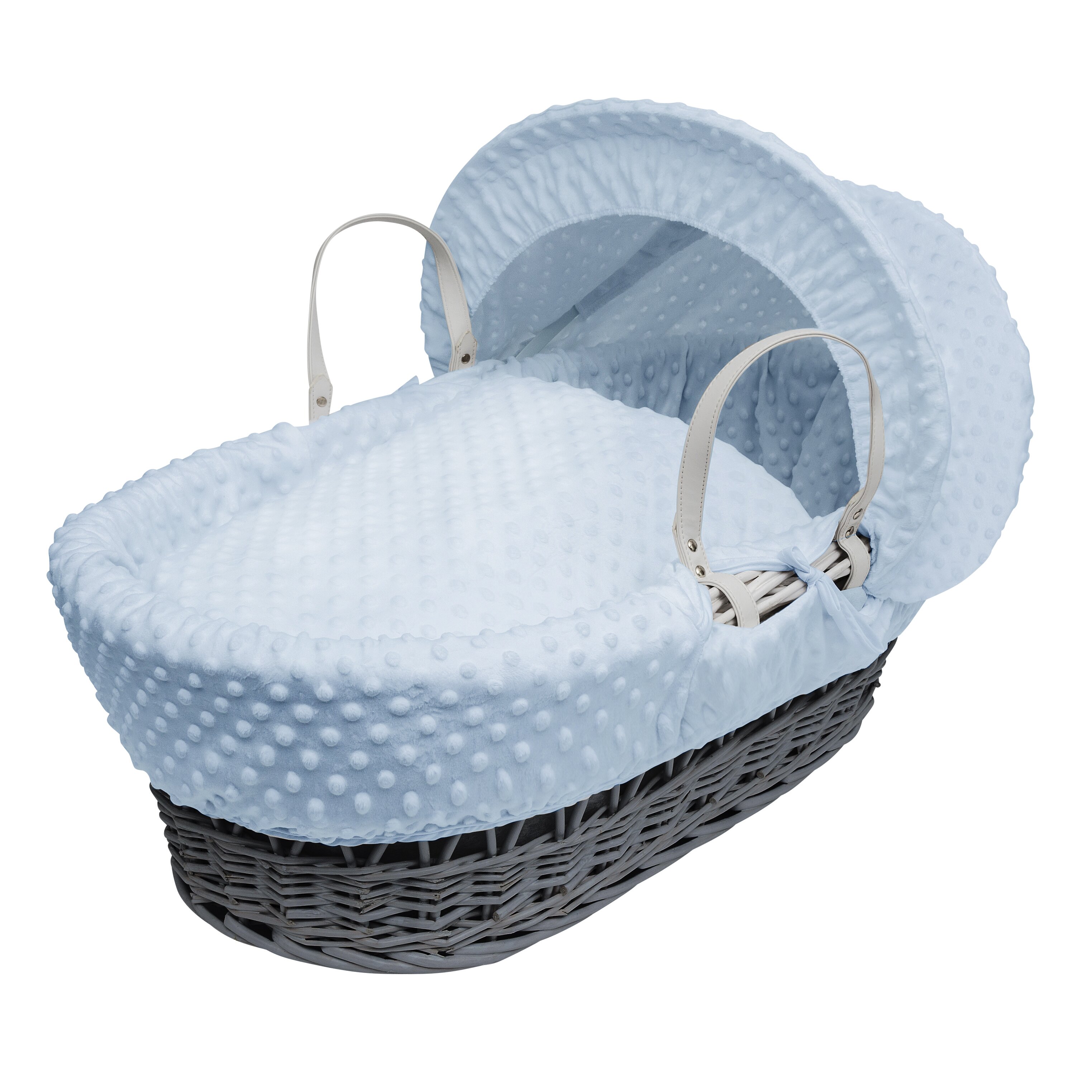 Blue Dimple Grey Wicker Moses Basket With Mattress And Padded Liner