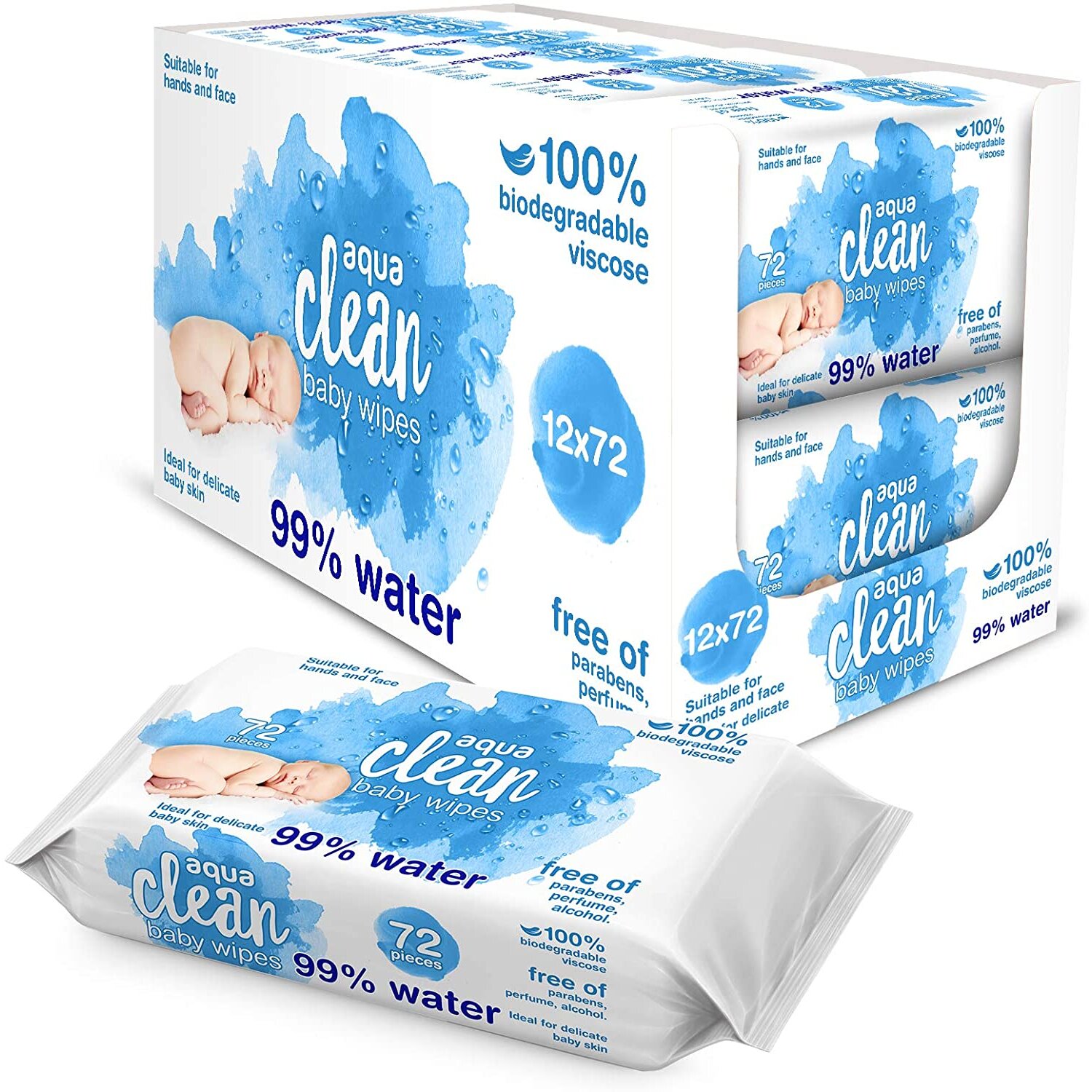 12 Pack Aqua Clean Baby Wipes (72 Wipes per Pack) 99% Purified Water 100% Biodegradable 100% Plastic Free (72 x 12 Wipes)