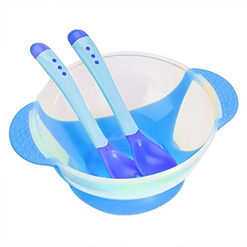 Baby Suction Cup Bowls Set Binaural Kids Feeding Tableware Slip-Resistant Children Sucker Training Bowl with Sensing Spoon and Fork(Blue)