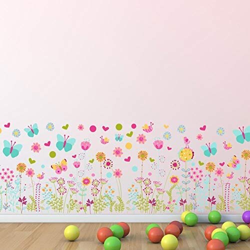 WALPLUS Colourful Butterflies and Flowers Skirting Wall Stickers Nursery Removable Self-Adhesive Mural Art Decals Vinyl Home Decoration DIY Living