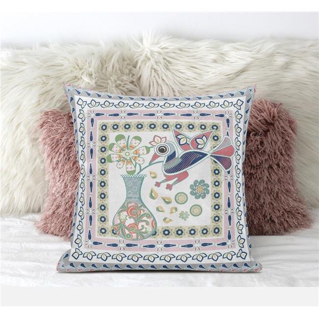 Amrita Sen Designs CAPL621FSDS-ZP-20x20 20 x 20 in. Love Your Vase Peacock Suede Zippered Pillow with Insert - White, Pink & Grey