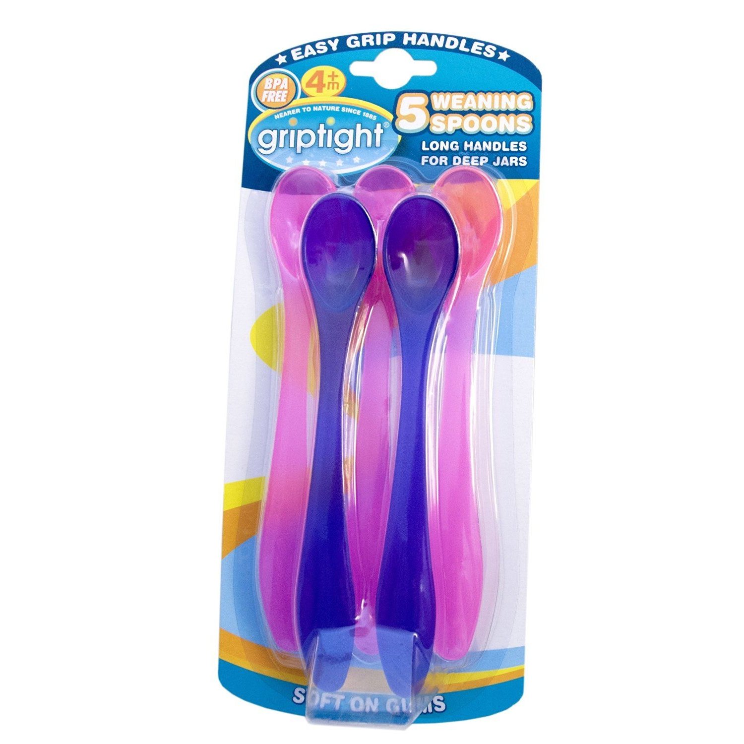 Griptight - 5 Long Handle Soft Weaning Spoons (Pink and Purple)