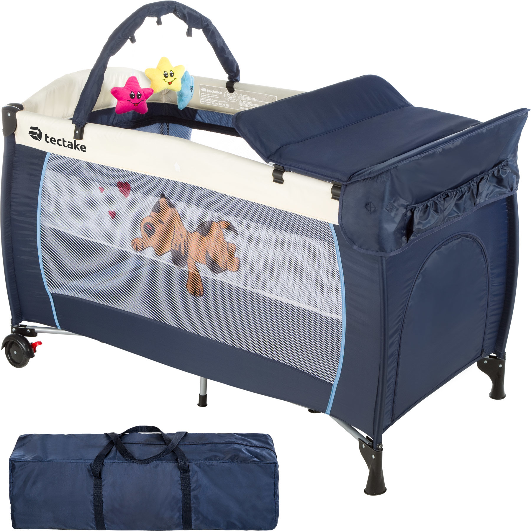 tectake Travel cot dog with changing mat and play bar - cot bed, baby travel cot, pop up travel cot - blue