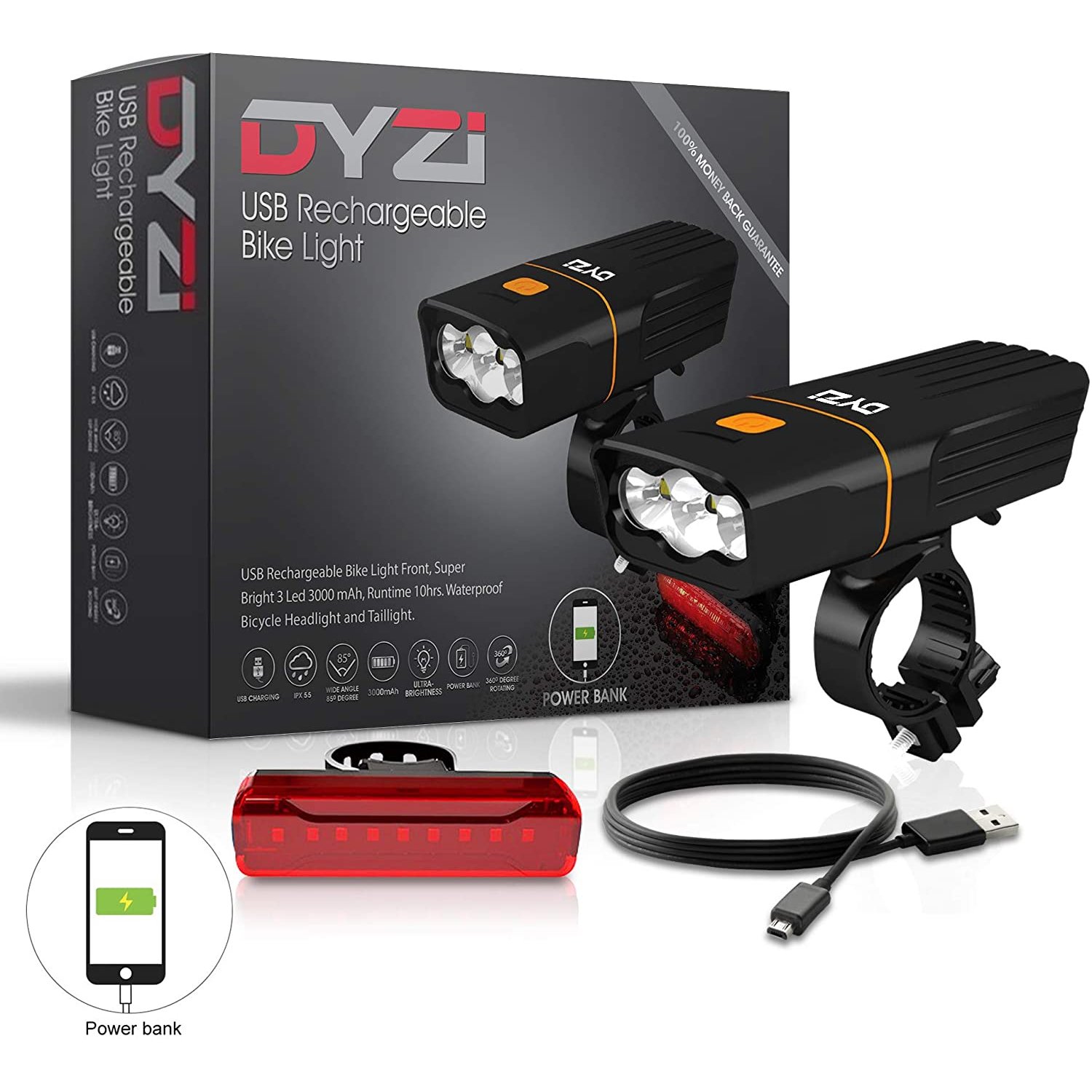 DYZI USB Rechargeable Bike Lights Set Waterproof Bike Light Powerbank