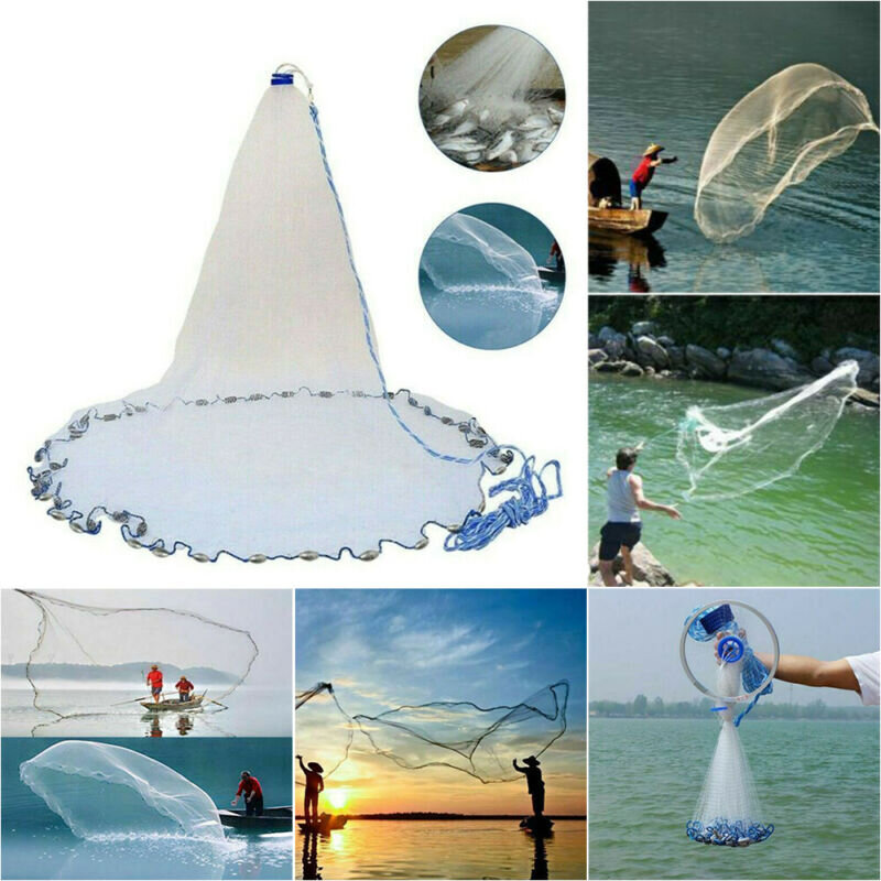 Aluminum Ring Monofilament Hand Throw Fishing Cast Net Spin Easy Throw Dia 2.4m