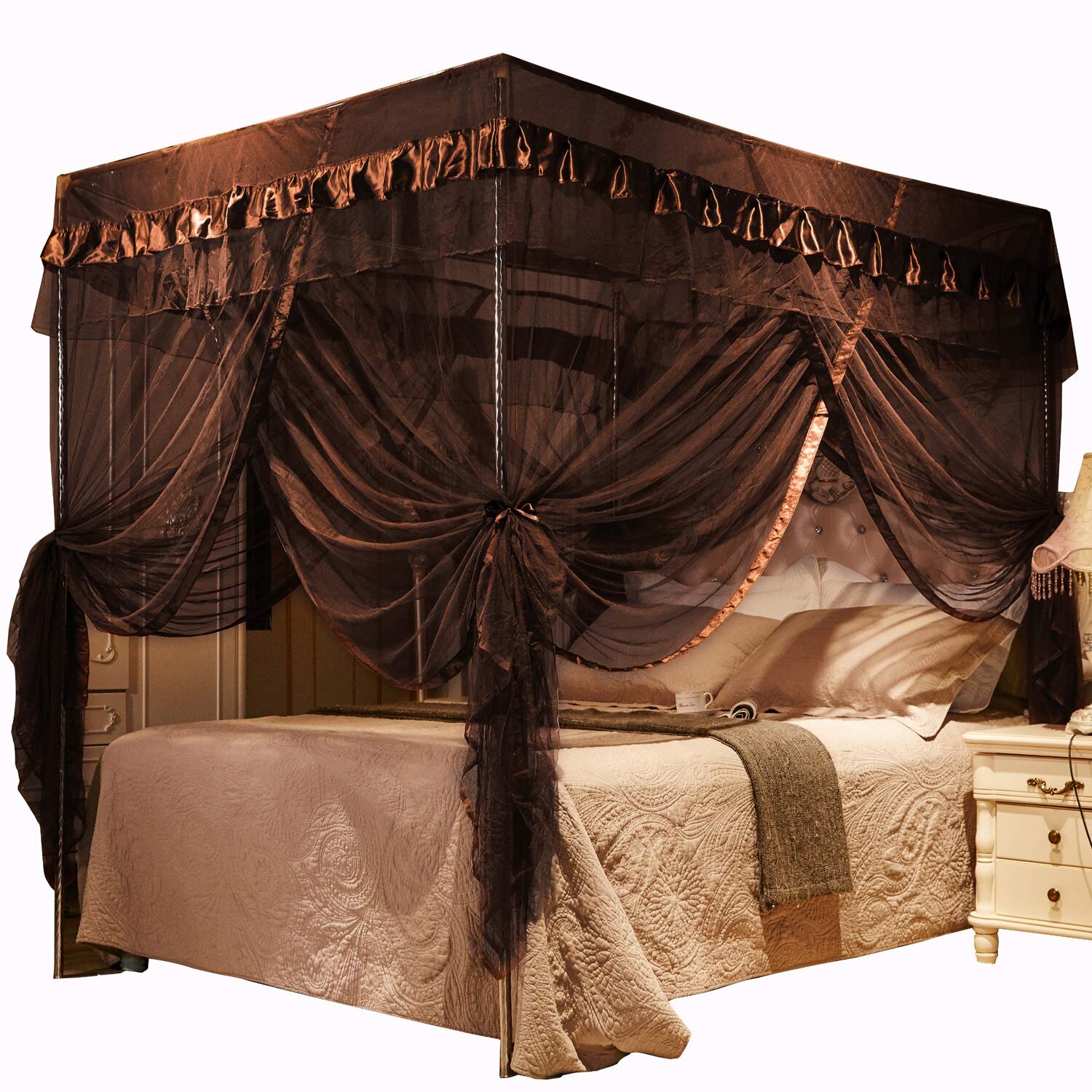 4 Corners Post Bed Curtain Canopy Canopies Bedroom Decoration (Queen, Coffee) Queen Coffee