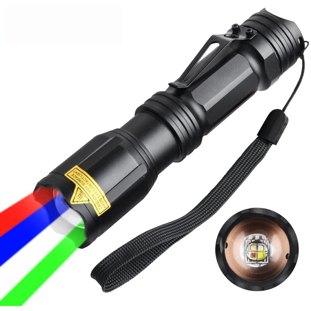 LED Torch with Red Green White Blue Light, 4 Color in 1 Multiple Colors Tactical Torch Waterproof Zoomable Pocket Flashlight...