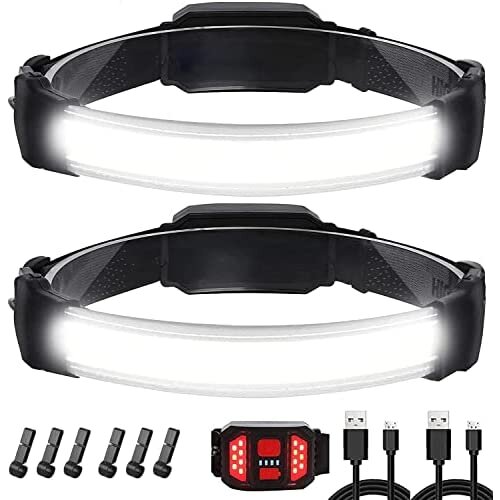 Head Torch,2 Packs Super Bright 1500 Lumens 260 Wide Beam Headlamp,USB Rechargeable Powerful Headlight,IPX6 Waterproof and Red Taillight Headlam