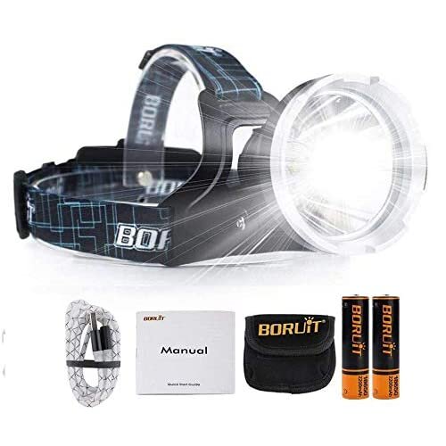 BORUIT Head Torch Rechargeable Headlamp LED Waterproof Headlight Super Bright 6000 Lumens Hands-Free Flashlight 3 Modes Headtorch for Adults Hiki