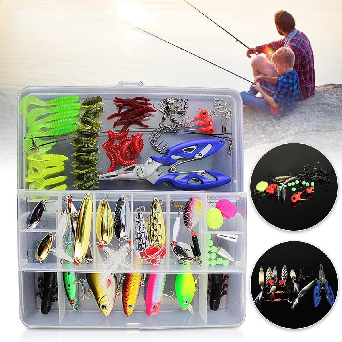 101Pcs Fishing Lure Spinners Plugs Spoons Soft Bait Pike Trout Salmon+Box Set