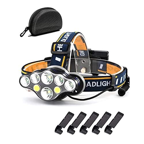 Head Torch Rechargeable  Super Bright 18000 Lumens Storage Bag 5 X Clips 8 Lighting Modes Headlamp LED Rechargeable, LED Head Torch, Hands-Free