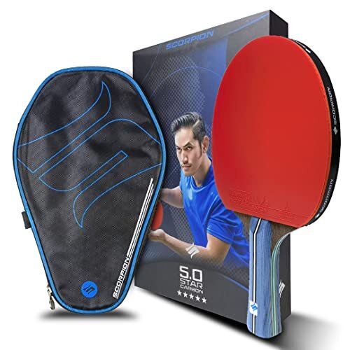 Scorpion Table Tennis Bat, Professional Ping Pong Racket, ITTF Approved Rubber, Stylish Case, 5-Star Carbon, Black/Red, 7 ply Real Wood, 2.15 mm
