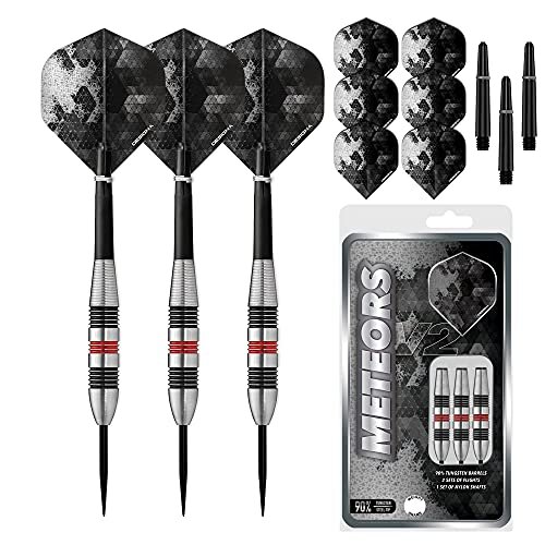 Designa D8648 Meteors | 38g Premium 90% Tungsten Heavy Barrel Steel Tip Dart Set With Ringed Grip Including Flights and Stems, M2, Black and Red