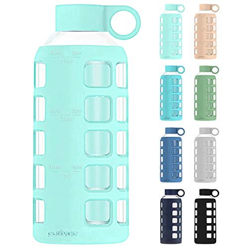 purifyou Premium 40/32 / 22/12 oz Glass Water Bottles with Volume & Times to Drink, Silicone Sleeve & Stainless Steel Lid Insert, Reusable Bottle for