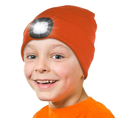 Attikee LED Lighted Beanie Cap for Kids, Rechargeable 4 LED Headlamp Hat, Knitted Winter Hat with Torch for Cycling Running Camping Night Walking,