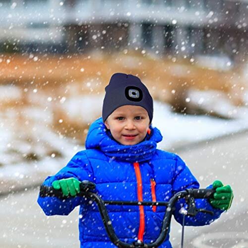 Attikee LED Lighted Beanie Cap for Kids, Rechargeable 4 LED Headlamp Hat, Knitted Winter Hat with Torch for Cycling Running Camping Night Walking,