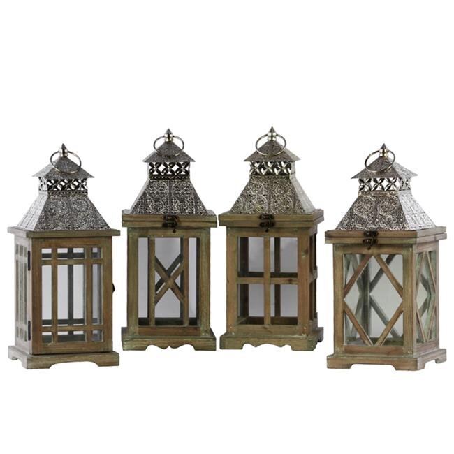 Urban Trends Collection  Wood Square Lantern With Silver Pierced Metal Top, Ring Hanger & Glass Windows - Brown