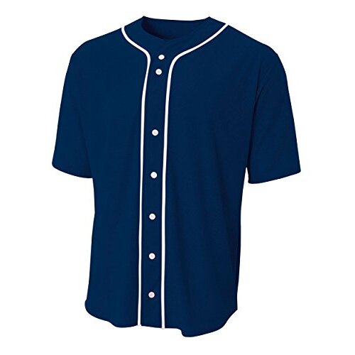 A4 N4184 Short Sleeve Full Button Baseball Jersey, Navy, Medium