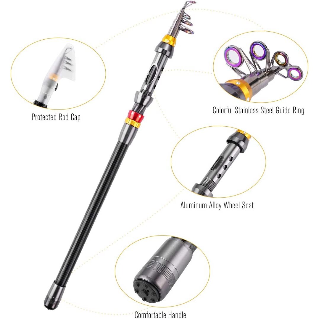 FISHOAKY Telescopic Fishing Rod Set, Carbon Fiber Spinning Fishing Pole and Reel Combo Line Lures Tackle Hooks Travel Bag for Saltwater &Freshwater |