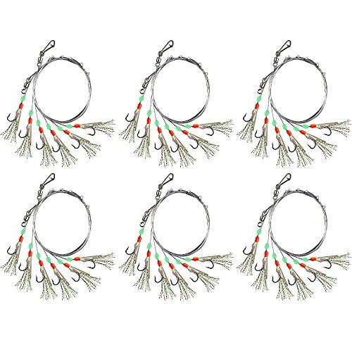 Pretied Sea Fishing Rigs 6 Pack 36 Hooks Fishing Feathers with Luminous Beads Glowing Tail and Simulated Fishskin Flasher Attractor for Mackerel