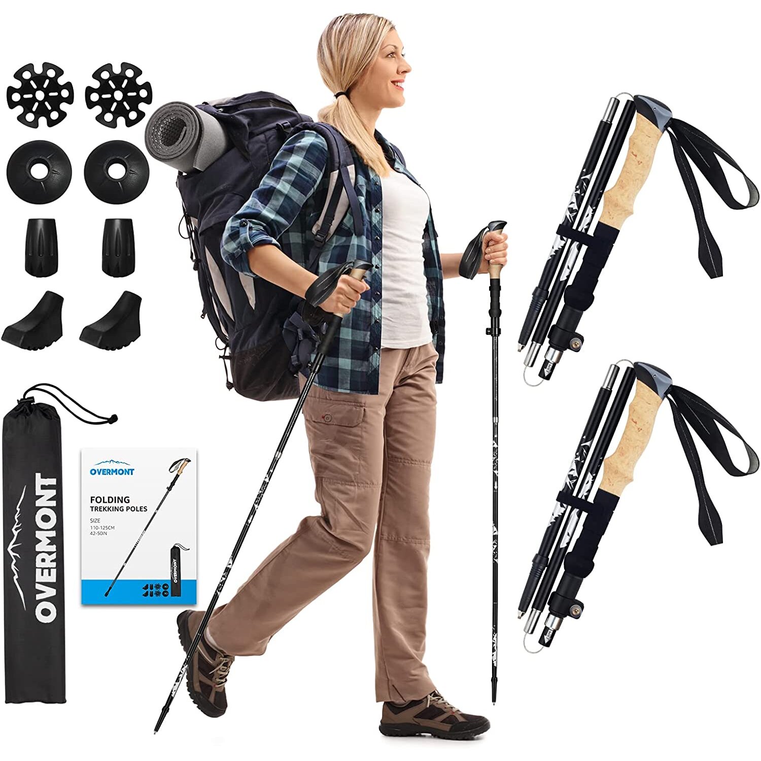 Overmont Walking Poles - 2 Pack Collapsible Aluminum Walking Sticks,Carbon Fiber Adjustable Trekking Poles,for Women Men with Quick Lock System