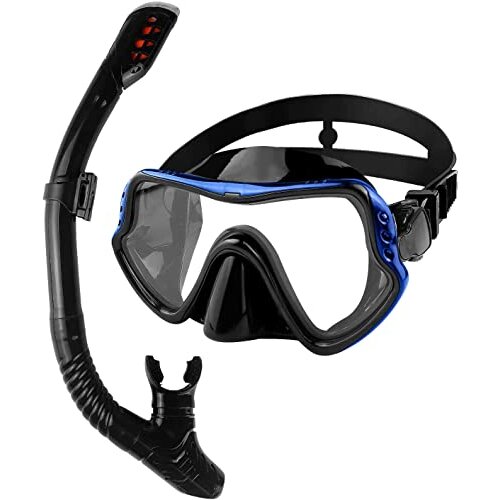 Diving Mask Dry Snorkel Set Adult and Young, Anti-Fog Anti-Leak Snorkel Mask, 180 Panoramic Ultra-Clear Diving Mask, Soft and Comfortable - Blue