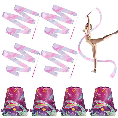 4Pcs Dance Ribbons, 2m Gymnastics Ribbons for Kids Colorful Gymnastics Ribbons with 4Pcs Drawstring Backpack for Kids Artistic Dancing