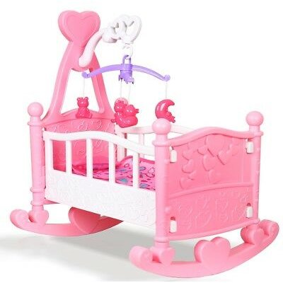 Pink Dolls Rocking Cradle Crib Cot Bed Girls Toy With Mobile, Blanket & Pillow