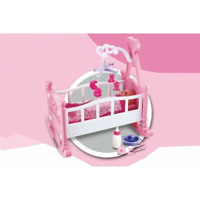Pink Dolls Rocking Cradle Crib Cot Bed Girls Toy With Mobile, Blanket & Pillow