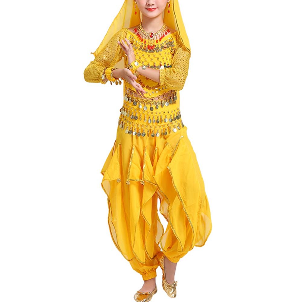 Kids Girls India Belly Dance Performance Costumes Party Halloween Cosplay Costumes Set, Height 115-125cm (YELLOW)