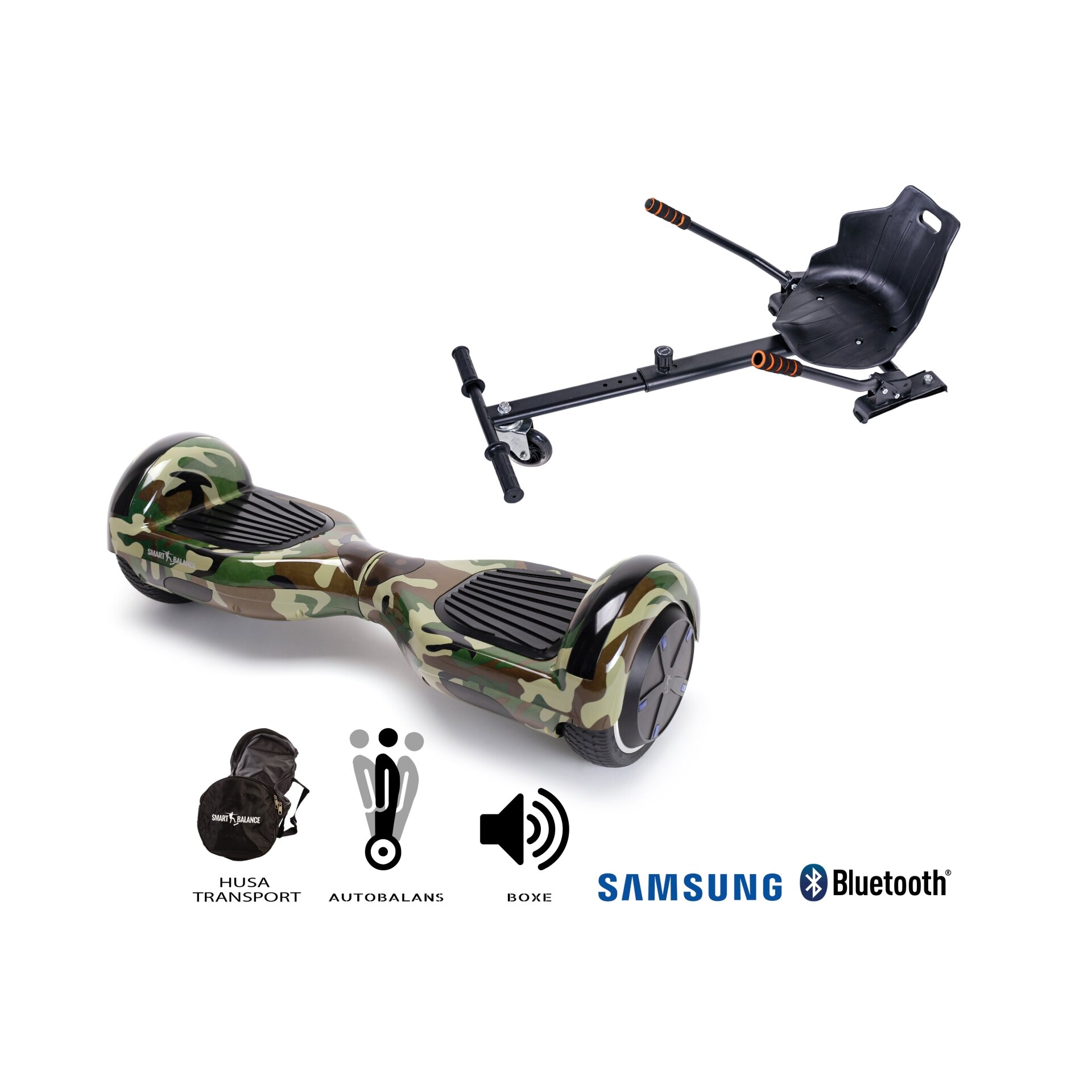 Package Hoverboard Smart Balance? Premium Brand,Regular CAMOUFLAGE+Hoverseat,6.5 inch Bluetooth wheels,Samsung battery,Built-in speakers,700W,LED