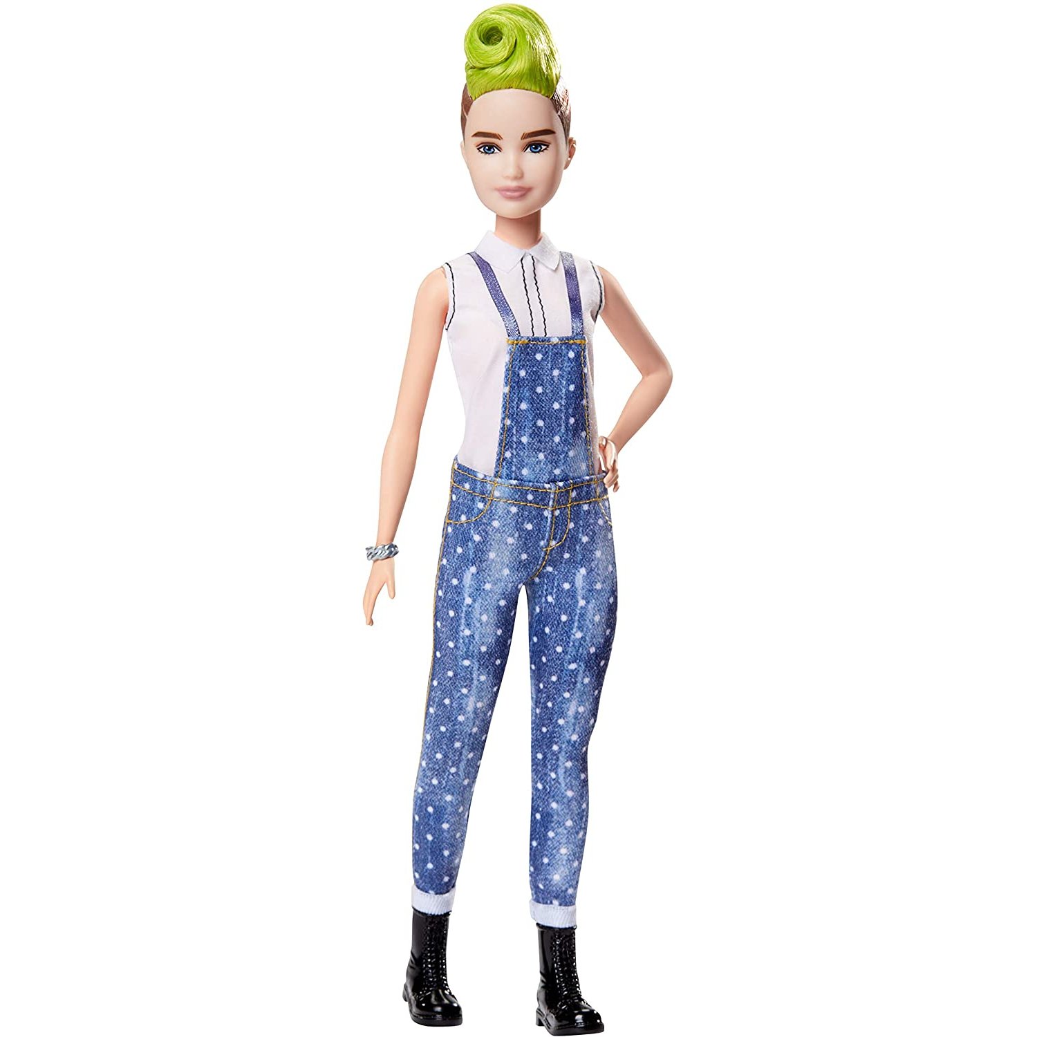 ?Barbie Fashionistas Doll with Green Striped Mohawk Wearing Denim Overalls, Top and Accessories, for 3 to 8 Year Olds