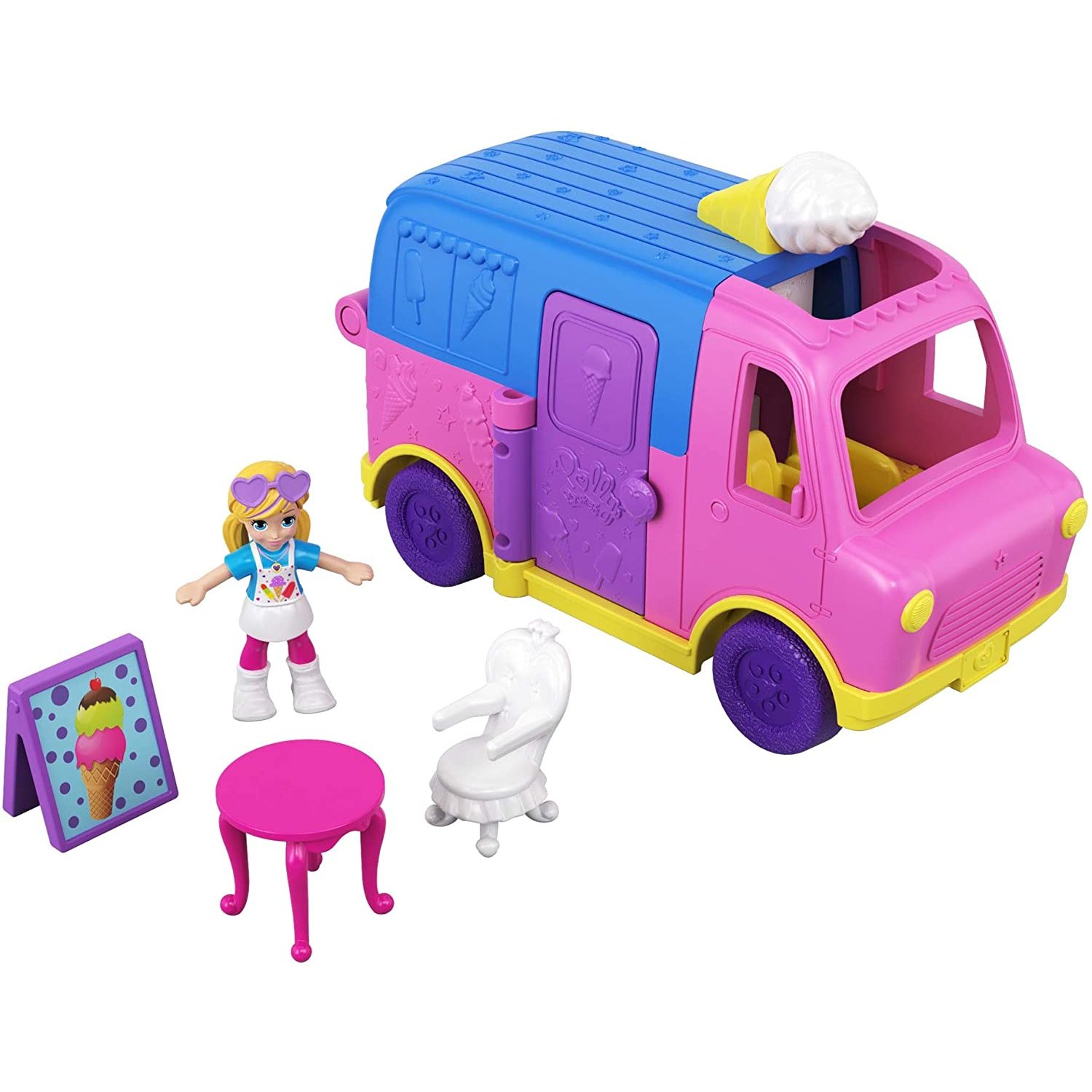Polly Pocket GGC40 Pollyville Ice Cream Truck with Play Areas, Doll & More, Multicolour