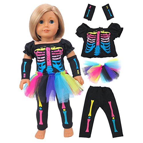 American Fashion World Electric Neon Skeleton Halloween Costume Made to fit 18 inch Dolls Such as American Girl Dolls