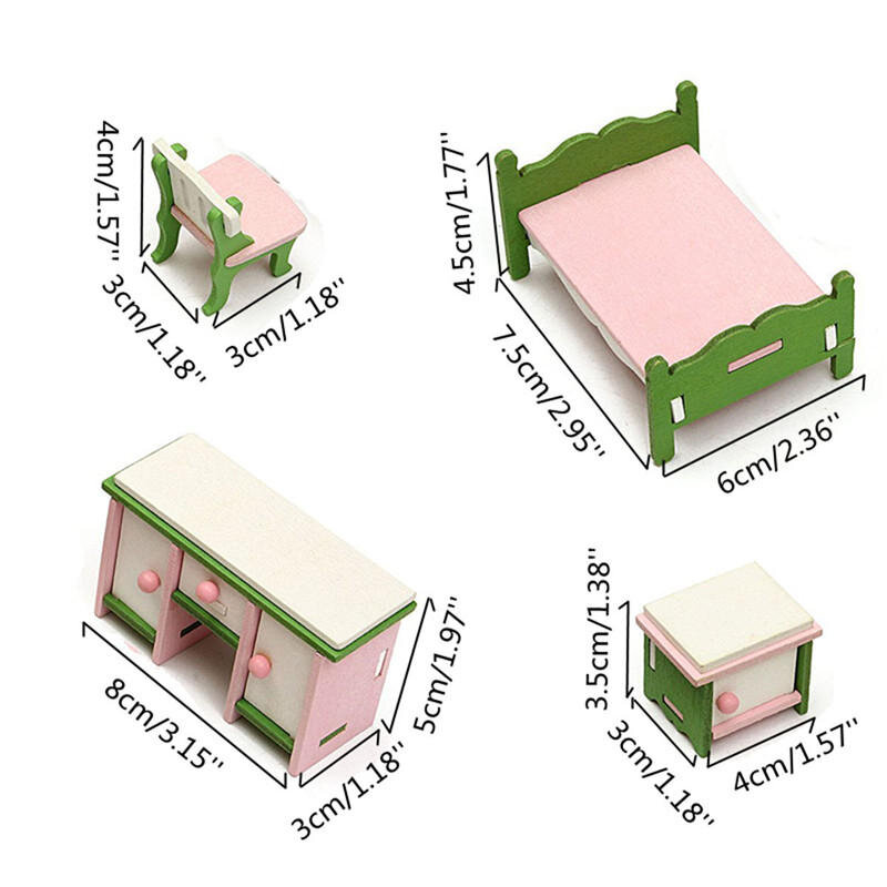 Dollhouse Miniature Bedroom Kit Wooden Furniture Set Families Role Play Toy