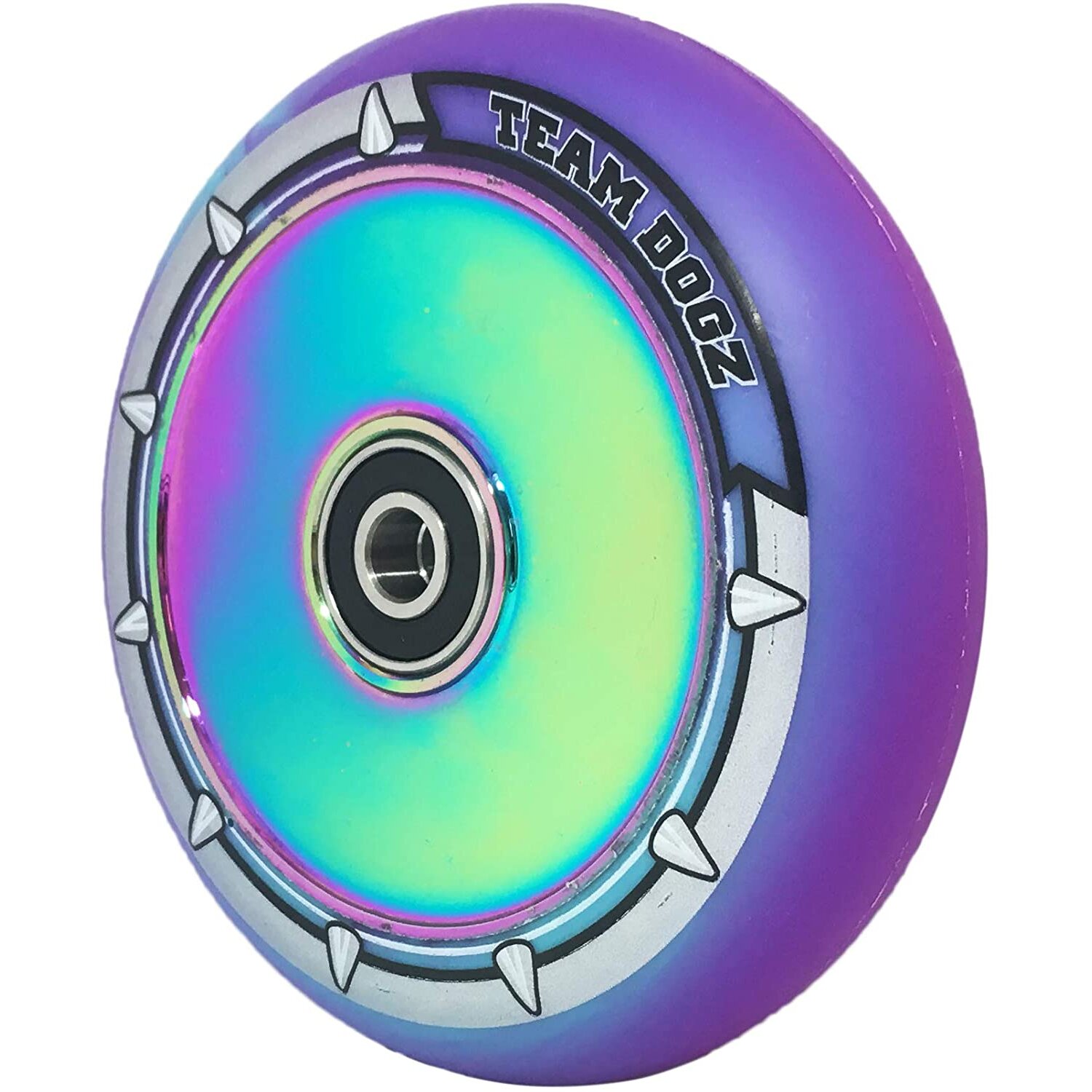 Team Dogz Alloy Hollow Core wheels 100mm Diameter, replacement Scooter Wheels - Rainbow core with Green & Purple mixed pu