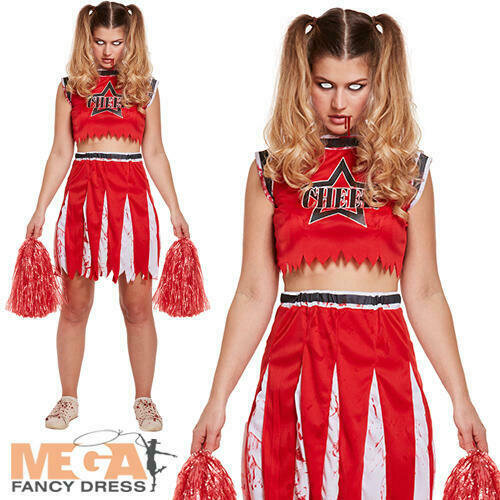 Adult Zombie Cheerleader Ladies Fancy Dress Halloween Horror Costume
