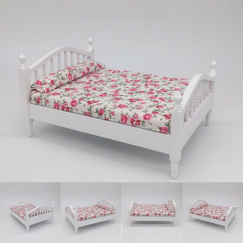 Dollhouse Miniature Bedroom Furniture Wooden Floral Double Bed 1:12 Scale Model