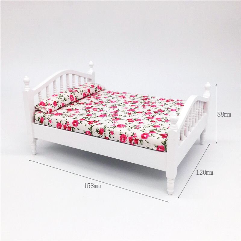 Dollhouse Miniature Bedroom Furniture Wooden Floral Double Bed 1:12 Scale Model