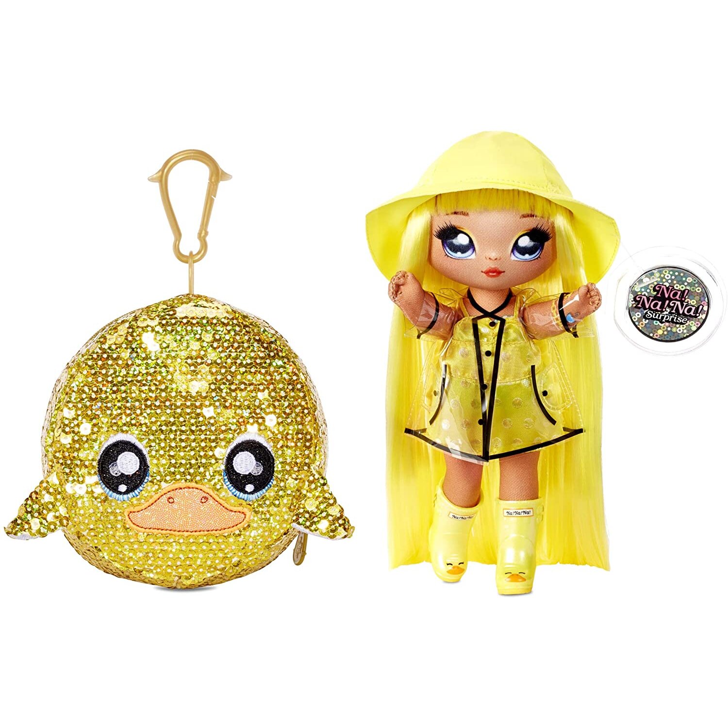 Na Na Na Surprise 2-in-1 Fashion Doll And Sparkly Pom Purse, DARIA DUCKIE. Raincoat Doll With Luxury Outfits and Fashion Accessories. Sparkle Series.