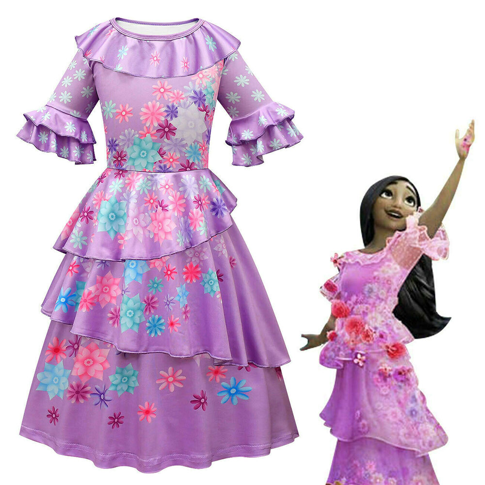 Girls Encanto Isabella Cosplay Costume Ruffle Floral Princess Dress Party Birthday Fancy Dress 6-12Y