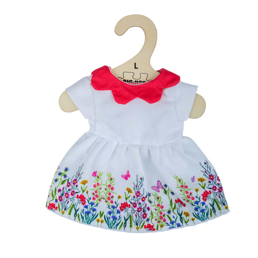 Bigjigs Toys White floral dress with red collar (for Size Large Doll) - FOR BIGJIGS TOYS DOLLS ONLY