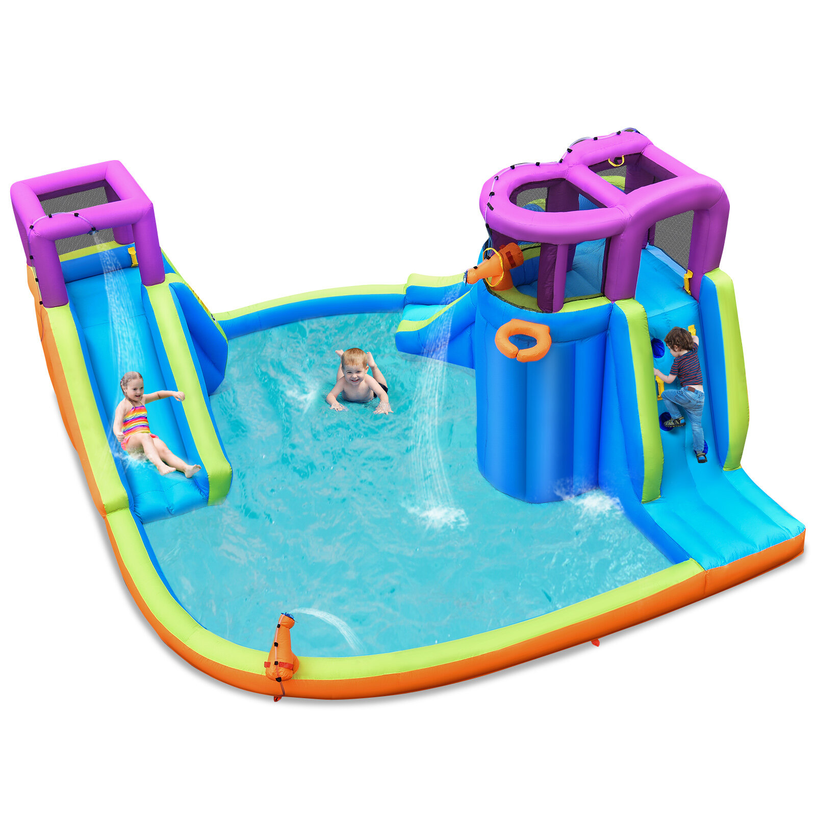 Inflatable Water Park Double Water Slide w/ 4 Sprayers & 2 Water Guns