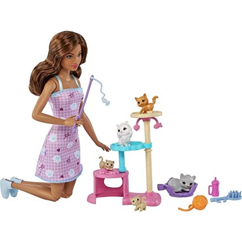 Barbie Kitty Condo Doll and Pets Playset with Barbie Doll (Brunette), 1 Cat, 4 Kittens, Cat Tree & Accessories