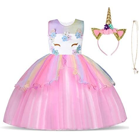 URAQT Unicorn Costume, Princess Unicorn Dress for Girls, Fancy Dress with Necklace/Headband for Birthday/Cosplay/Wedding, Age 3-10 Years